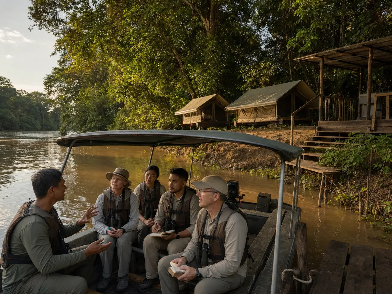 Visitors arriving with a guide at a riverside eco-camp in Kinabatangan